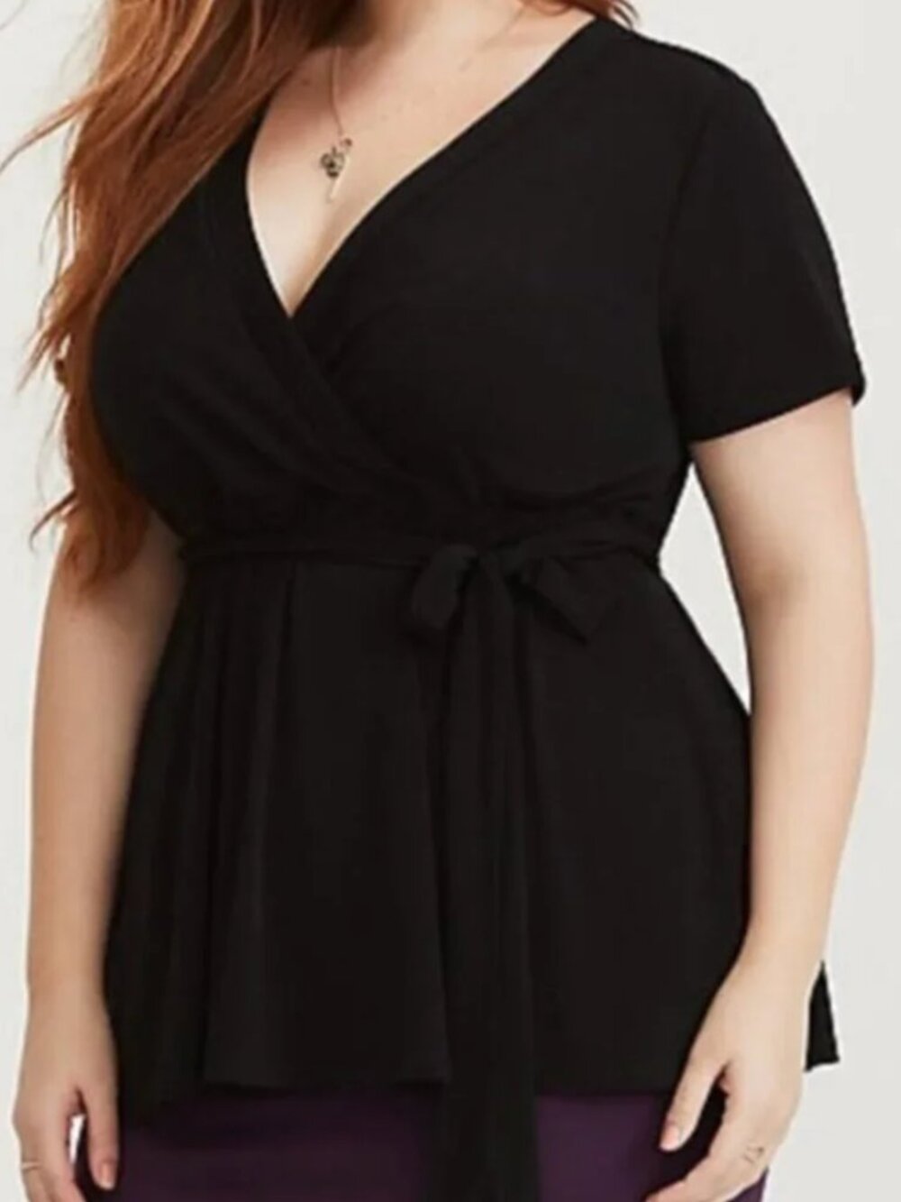 NEW NWT TORRID 3 Plus Size Jersey Knit Faux Wrap Top Black Short Sleeve NO BELT